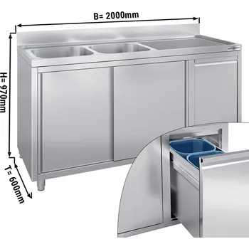 Kuchyňská skříňka G.Gastro Dřezová skříňka s odpadkovým košem - 2,0 m - 2 dřezy vlevo - s obkladovým panelem & posuvnými dveřmi