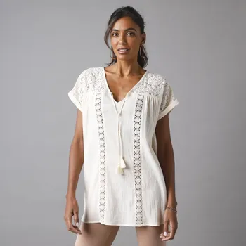 Dámské tričko Kreponová tunika s krajkou a macramé režná 40