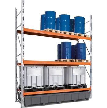 Dílenský regál Paletový regál na nebezpečné látky, základní pole, 3 úrovně, PE záchytná vana, 3500x1315x3800 mm