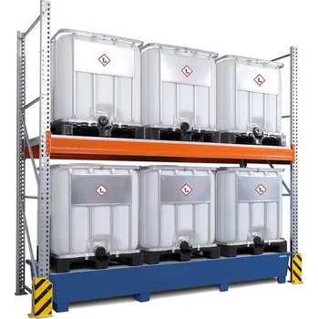 Dílenský regál Paletový regál na nebezpečné látky, základní pole, 2 úrovně, záchytná vana lak, 3500x1300x3300 mm