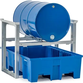 Dílenský regál Sudový regál / stáčecí stanice pro 1x sud à 200 litrů, plastová záchytná vana, 1049 x 1245 x 837 mm