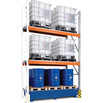 Dílenský regál Paletový regál na nebezpečné látky, nástavné pole, 3 úrovně, záchytná vana, 2800x1300x4400 mm