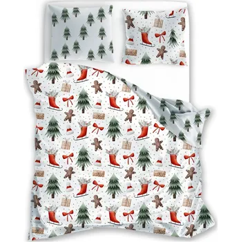 Faro • Vánoční bavlněné ložní povlečení - motiv Perníček a Vánoční les - 100% bavlna - 70 x 90 cm + 140 x 200 cm