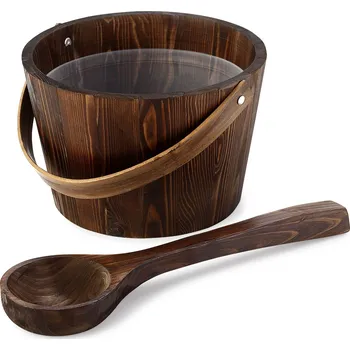 Dřevěné vědro do sauny s pevným uchem a naběračkou, tmavé dřevo