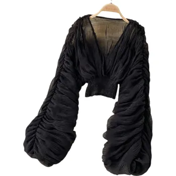 Dámská halenka Dámská poloprůhledná halenka Univerzální velikost Výstřih do V Dlouhý rukáv Řasení Guma v pase Elegantní černá