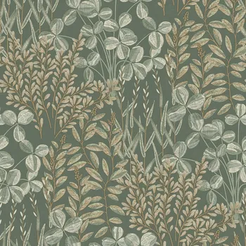 Grandeco Vliesová tapeta na zeď, zelená, listy s trávy, A78901, Inia, Grandeco, velikost 10,05 x 0,53 m