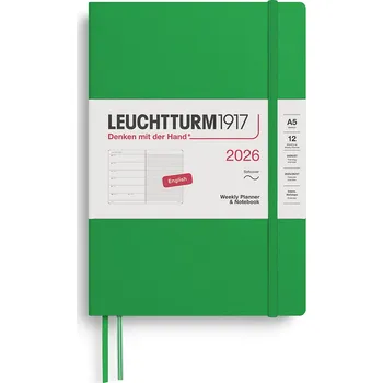 Diář Leuchtturm 1917, Týdenní plánovač s linkovaným poznámkovým blokem v měkké vazbě Leuchtturm 1917 2026 EN A5 světle zelený - Formadore