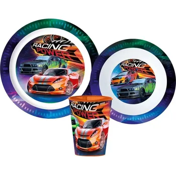 dětská jídelní sada Stor • Sada plastového nádobí Racing Power s kelímkem