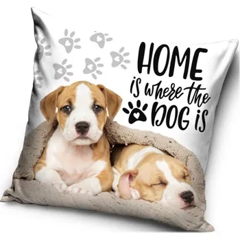 Dekorativní polštářek Carbotex • Polštář s pejsky - motiv Home is where the dog is - Domov je tam, kde je pes - 40 x 40 cm