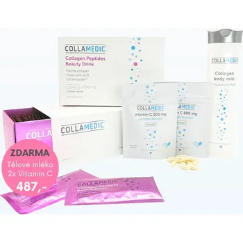 Sada 2x Collamedic Collagen Peptides Beauty drink, 8560 mg, 30 sáčků + tělové mléko, 300 ml a vitamín C ZDARMA Přírodní produkt Sada 2x Collamedic Collagen Peptides Beauty drink, 8560 mg, 30 sáčků + tělové mléko, 300 ml a vitamín C ZDARMA