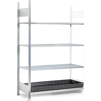 Dílenský regál Regál na malé nádoby, nástavné pole, 3 mřížové rošty, PE záchytná vana, 1312 x 637 x 2000 mm