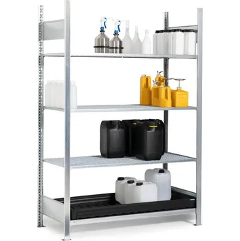 Dílenský regál Regál na malé nádoby, základní pole, 3 mřížové rošty, PE záchytná vana, 1360 x 437 x 2000 mm