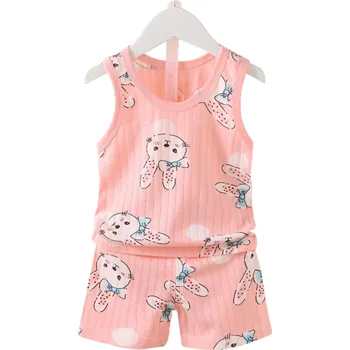 Dívčí oblečení Dětská unisex souprava tílko a kraťasy na gumu s kapsami růžová barva kreslení králíčci O výstřih letní set 2