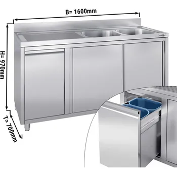 Kuchyňská skříňka G.Gastro Dřezová skříňka s odpadkovým košem - 1,6 m - 2 dřezy vpravo - s obkladovým panelem & posuvnými dveřmi