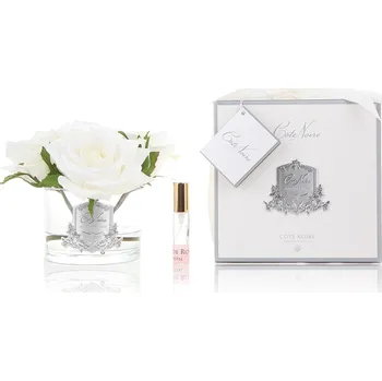 Aroma difuzér Côte Noire kytice 5 parfémovaných růží Ivory White v čiré váze