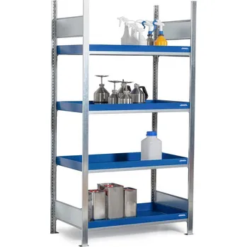 Dílenský regál Regál na malé nádoby, základní pole, 4 lakované záchytné vany, 1060 x 437 x 2000 mm