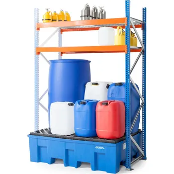 Dílenský regál Regál na sudy a malé nádoby, nástavné pole, 2 rošty, PE záchytná vana, 1307 x 865 x 2000 mm