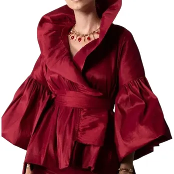 Dámská halenka Dámská jednobarevná halenka s výstřihem do V Dlouhý rukáv Řasení Stahovací pásek v pase Elegantní halenka červená XL