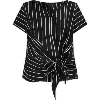 Dámská pruhovaná halenka s výstřihem do V Mašle na stažení pasu Elegantní lehká halenka pro každodenní nošení černá L