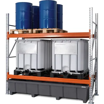 Dílenský regál Paletový regál na nebezpečné látky, základní pole, 2 úrovně, PE záchytná vana, 2900x1315x2700 mm