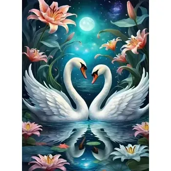 Diamantové malování Diamantové malování/Huacan - Labutě a květy při úplňku