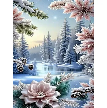 Diamantové malování Diamantové malování/Huacan - Zimní údolí a růžové květy