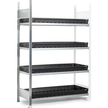 Dílenský regál Regál na malé nádoby, nástavné pole, 4 plastové záchytné vany, 1312 x 437 x 2000 mm