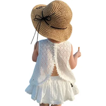 Dívčí letní souprava bílá sukně a tílko se širokými ramínky O výstřih zapínání na knoflíky vzdušný komplet 5