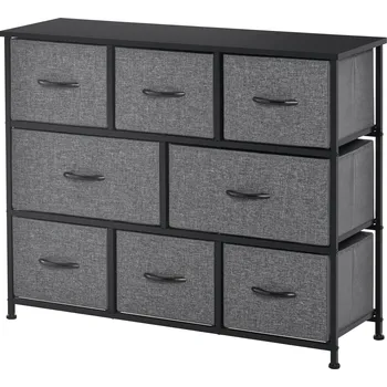 Komoda HOMCOM Komoda s 8 látkovými zásuvkami, 2 velké, 6 malých, kovový rám, ochrana proti překlopení, šedá barva