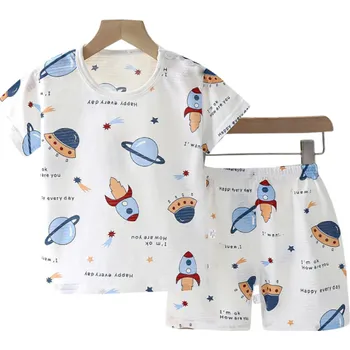 Dětská unisex souprava bílé tričko a kraťasy s krátkým rukávem O výstřih kreslené vesmírné rakety bavlna 2