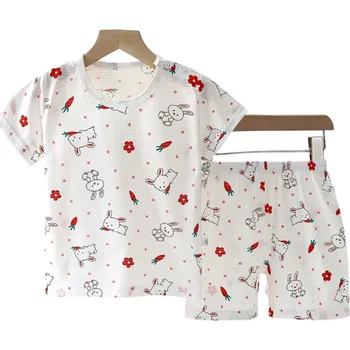 Dětská unisex souprava bílé tričko a kraťasy s krátkým rukávem O výstřih kreslení králíčci a mrkvičky bavlna 3