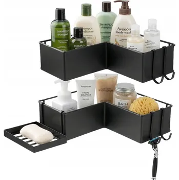 Drátěná police ROHOVÁ POLIČKA DO SPRCHY DO KOUPELNY ČERNÁ S MÝDLENKOU A HÁČKY