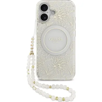 Pouzdro na mobilní telefon Guess IML Flowers Allover Strap MagSafe pro Apple iPhone 17, bílé