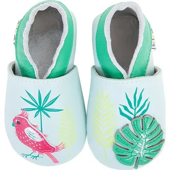 Capáčky LAIT ET MIEL Kožené capáčky s papouškem 0-6 měsíců Zelená 17-18