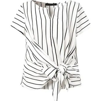 Dámská halenka Dámská pruhovaná halenka s výstřihem do V Mašle na stažení pasu Elegantní lehká halenka pro každodenní nošení bílá M