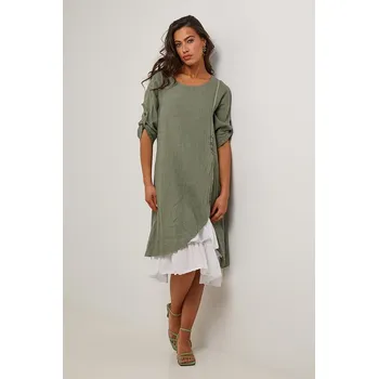 Dámské oblečení Šaty Le Monde du Lin Khaki/ Weiß 3138834 40/42