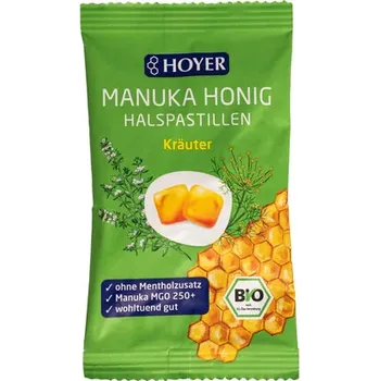 Bonbon Hoyer Pastilky manuka med a bylinky 30 g bio BIO VEGETARIAN BEZLEPEK Množství: 1 ks