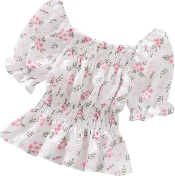 Dámská halenka Dámská květinová halenka s holými rameny Krátký rukáv Řasený střih s gumou v pase Letní elegantní halenka růžová L