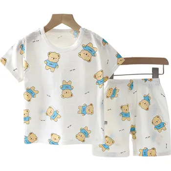 Dětská unisex souprava bílé tričko a kraťasy s krátkým rukávem O výstřih kreslení medvídci bavlněný set 7