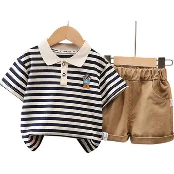 Chlapecká souprava pruhované polo tričko černobílé a hnědé kraťasy na gumu s kapsami V výstřih límeček medvídek 4