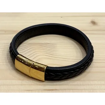 Náramek Pánský kožený černý náramek n. ocel v barvě zlata