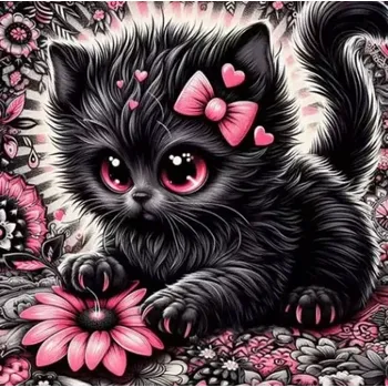Diamantové malování Diamantové malování/Huacan - Černé koťátko s růžovou mašlí