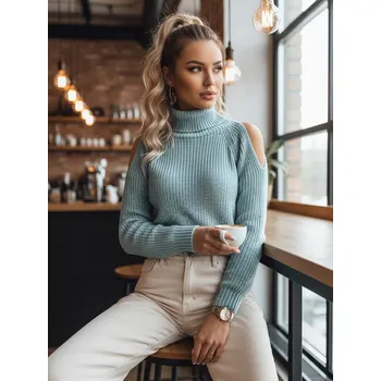 Dámská móda Světle modrý rolák ARIEL s průstřihy na ramenou MY1699 Velikost: ONE SIZE