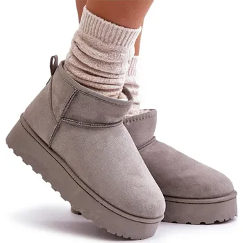 Dámská zimní obuv DÁMSKÉ SNĚHULE ZATEPLENÉ KOŽÍŠKEM NA SILNÉ PLATFORMĚ ŠEDÉ 38