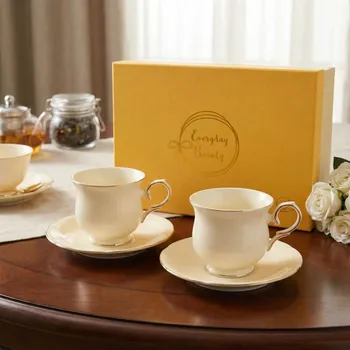 DUO Clark 260 ml 2 ks krémové - porcelánové šálky na kávu a čaj s podšálky