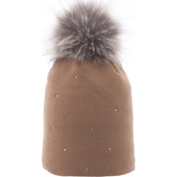 Čepice DÁMSKÁ ČEPICE ČEPICE S BAMBULEMI, ZATEPLENÁ KARAMELOVÁ, KOŽEŠINA BAMBULE MAJKA