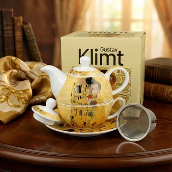 Konvice na čaj Porcelánový čajový konviček s šálkem a infuzérem DUO ART GALLERY THE KISS BY GUSTAV KLIMT 0,35 l