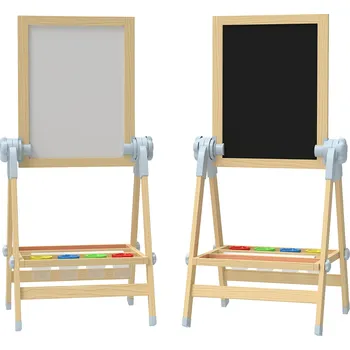 Kancelářský nábytek AIYAPLAY dětský stojan ze dřeva, oboustranná bílá tabule a tabule výškově nastavitelná tabule s role papíru, police, přírodní