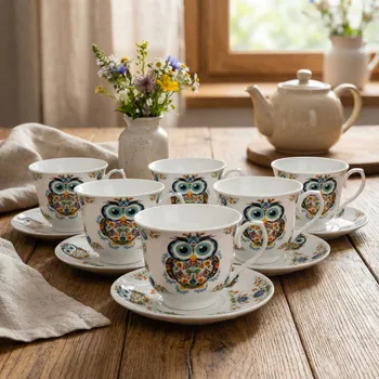 Porcelánové šálky na kávu a čaj s podšálky DUO CROCUS SOVA ETNO 250 ml 6 ks.