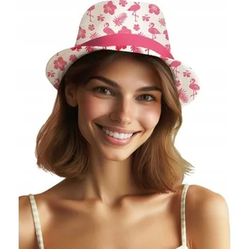 Klobouk KLOBOUK FEDORA RŮŽOVÝ PLAMEŇÁCI PALMY KVĚTINY HAVAJSKÝ STYL DOPLNĚK KE KOSTÝMU